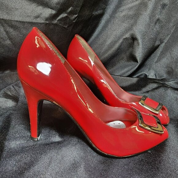 BCBGirls Red Peep Toe Heels Size 7.5 | 4 Inch High Heel Pumps Classic Dress Shoe - Picture 2 of 8